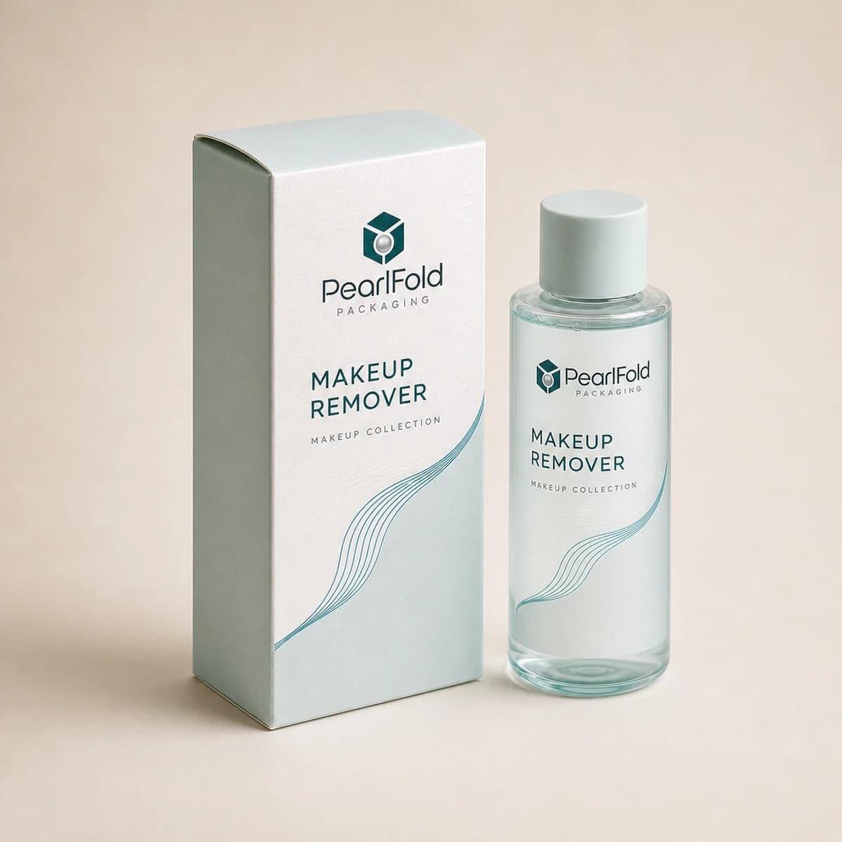 Custom makeup remover packaging shown from a three-quarter side angle