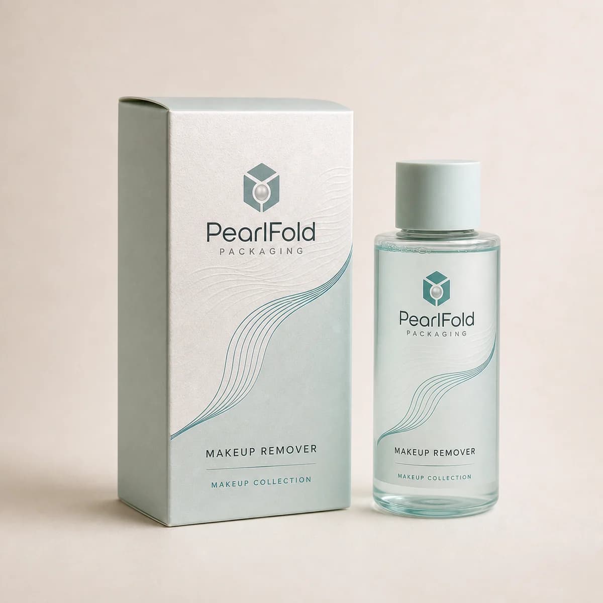 Custom makeup remover box with matching product in a square studio photograph