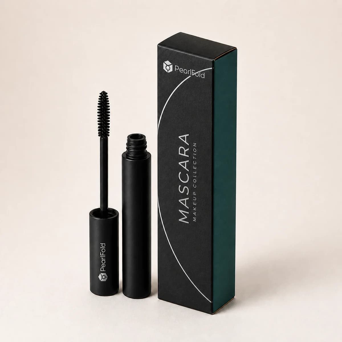 Custom mascara packaging shown from a three-quarter side angle