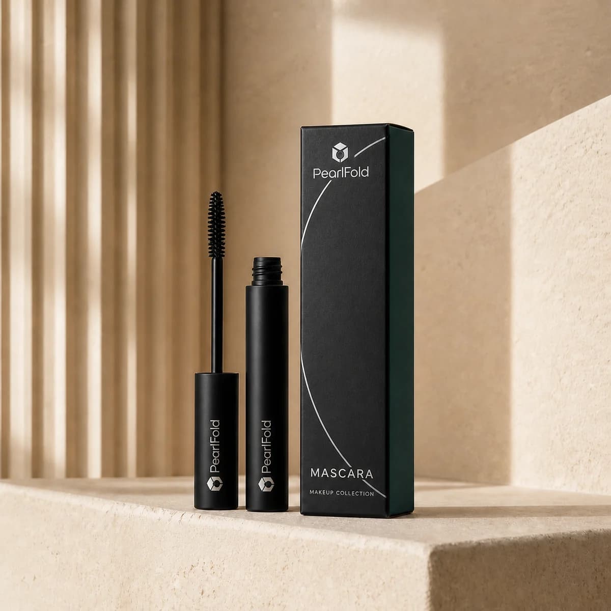 Custom mascara box in a premium square retail styling scene