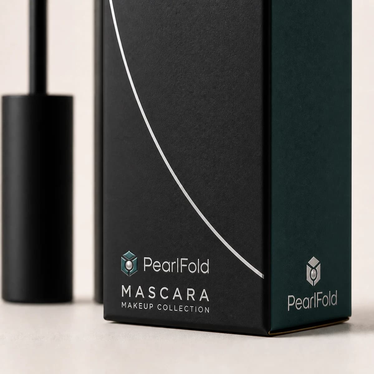 Close-up of custom mascara box paper texture, print detail, and corner construction