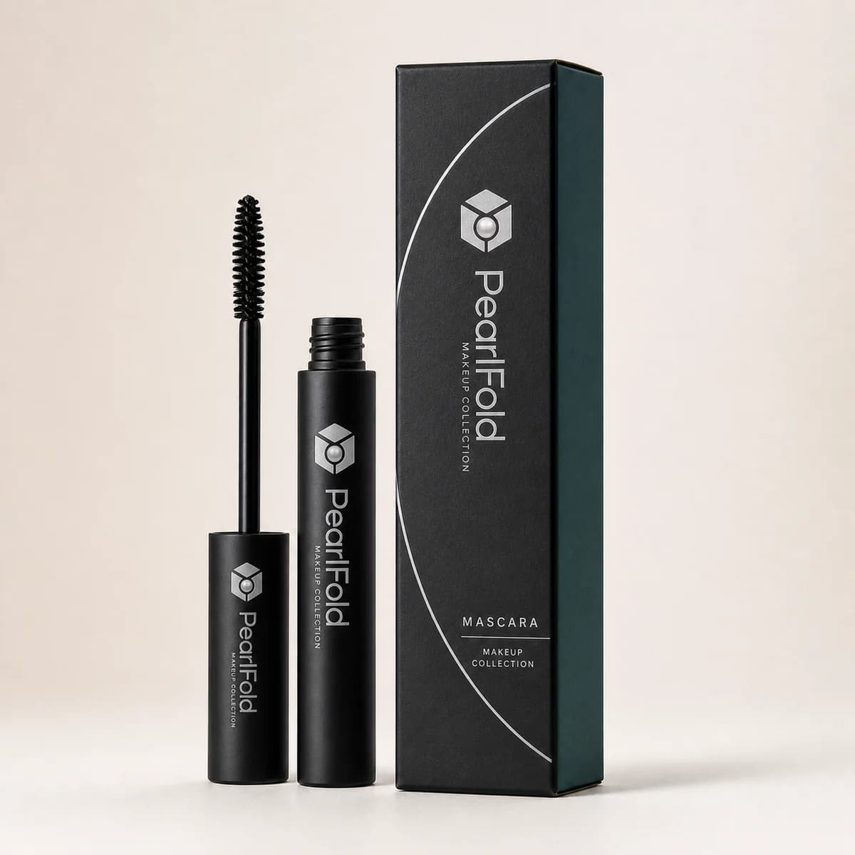 Custom mascara box with matching product in a square studio photograph