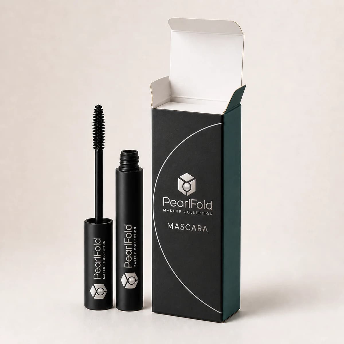 Open custom mascara box showing its fitted insert and product presentation