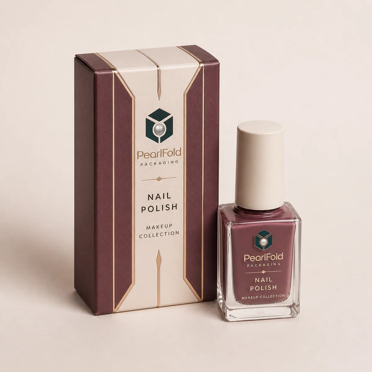 Custom nail polish packaging shown from a three-quarter side angle