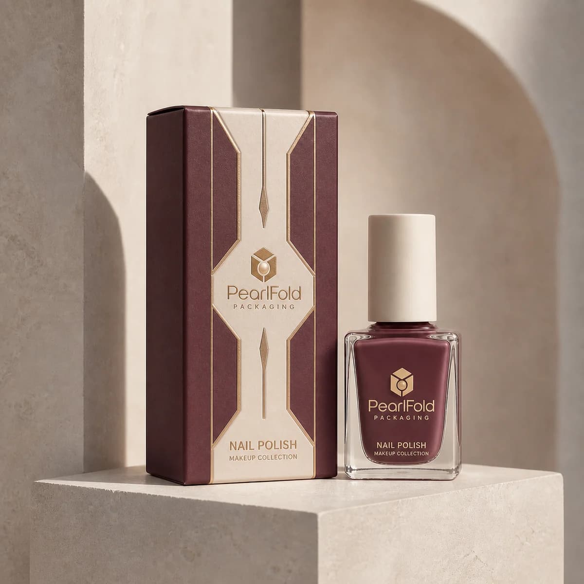 Custom nail polish box in a premium square retail styling scene