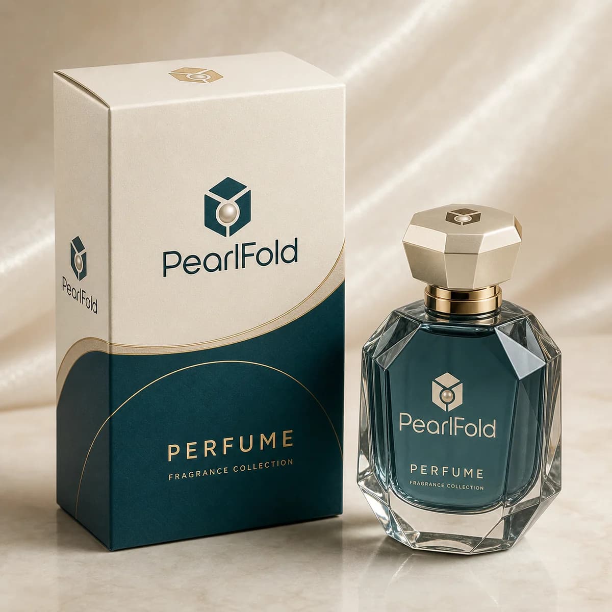 Custom perfume box with matching product in a square studio photograph