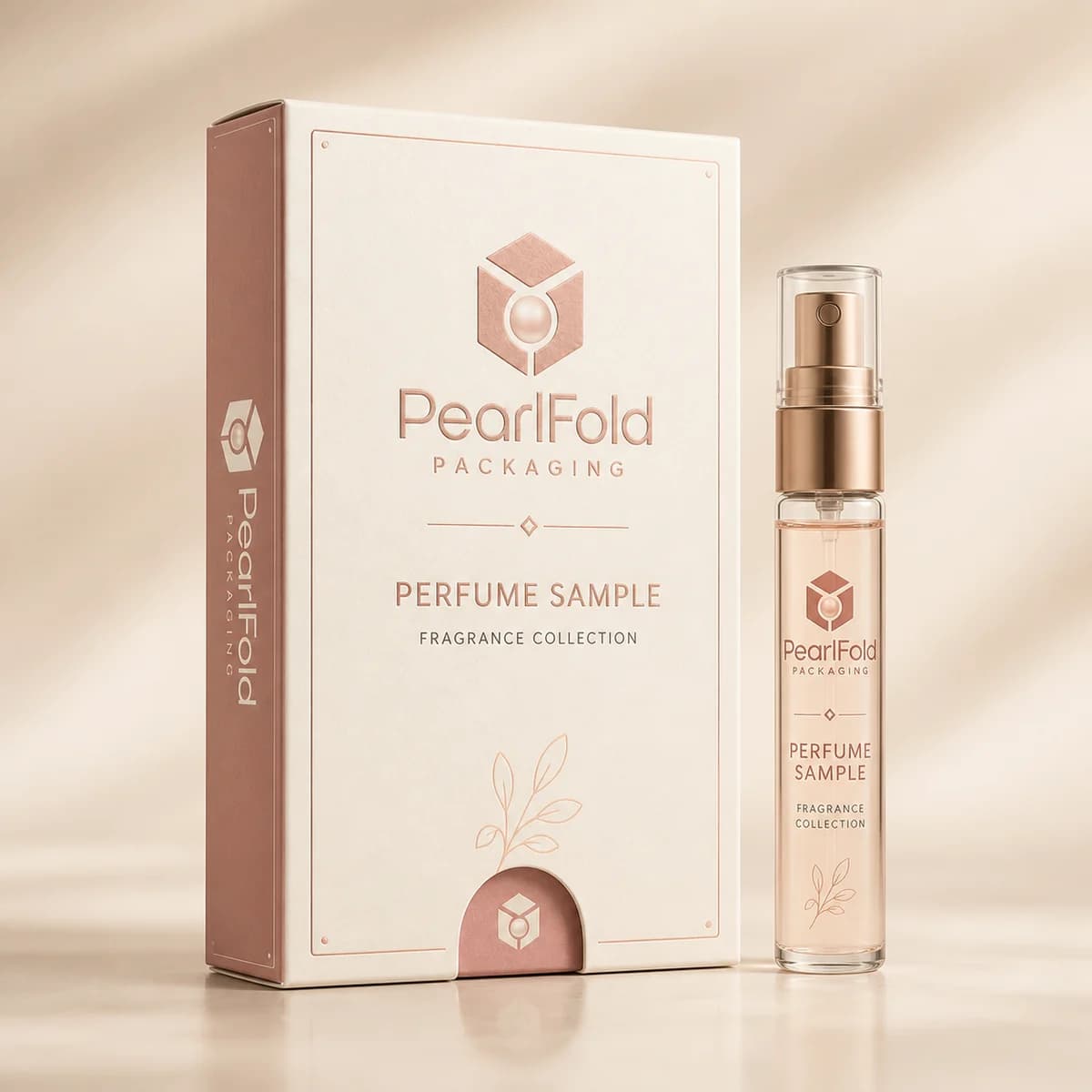 Custom perfume sample box with matching product in a square studio photograph