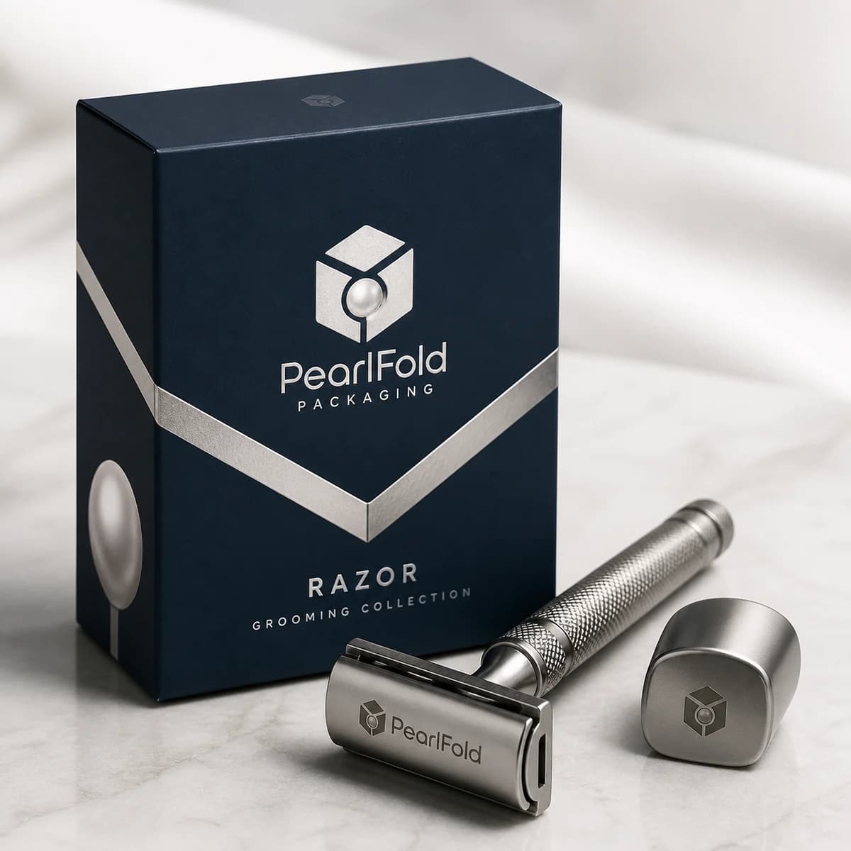Custom razor box with matching product in a square studio photograph
