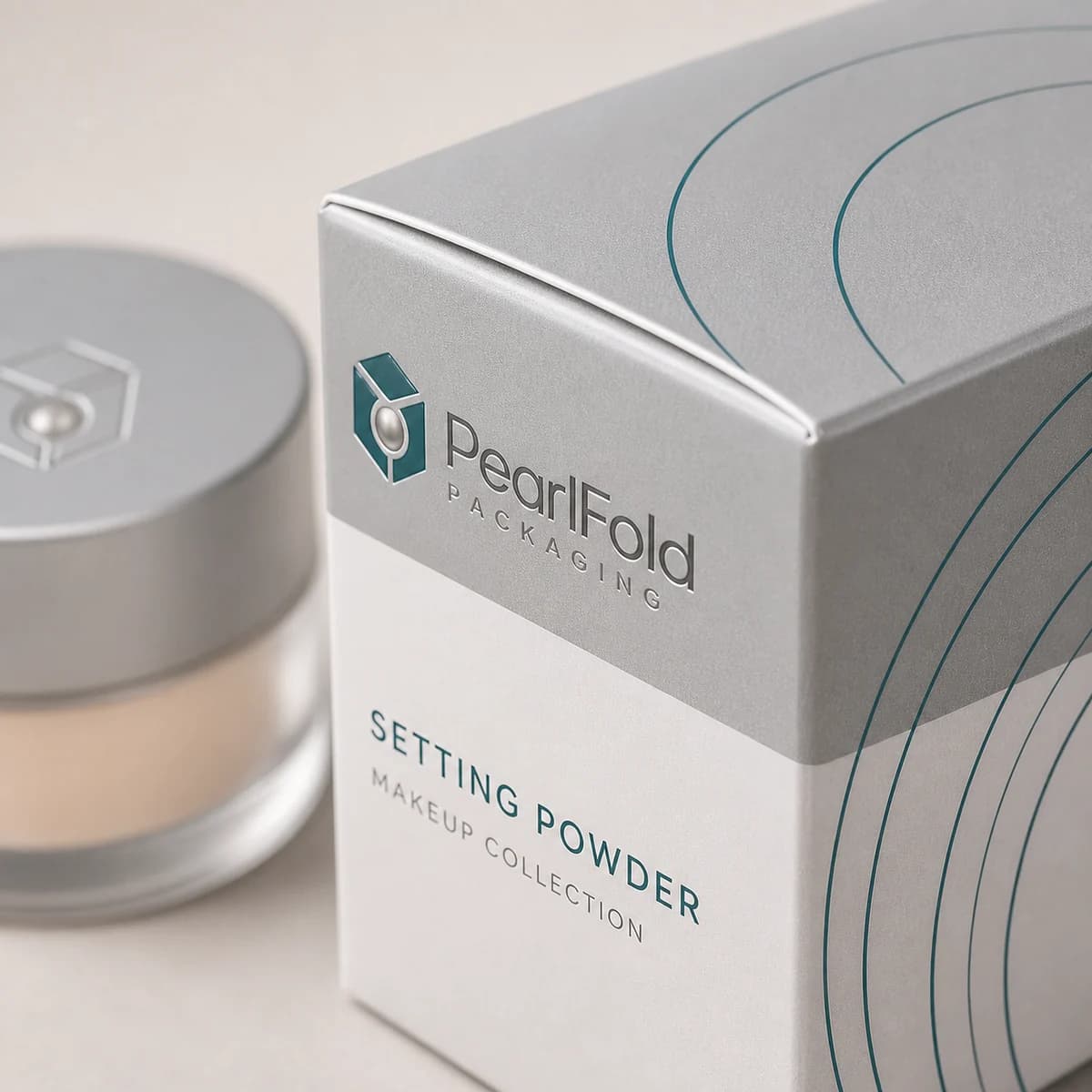 Close-up of custom setting powder box paper texture, print detail, and corner construction