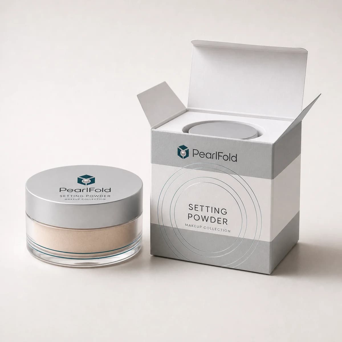 Open custom setting powder box showing its fitted insert and product presentation
