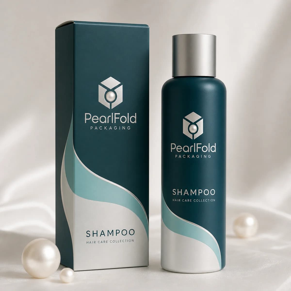Custom shampoo box with matching product in a square studio photograph