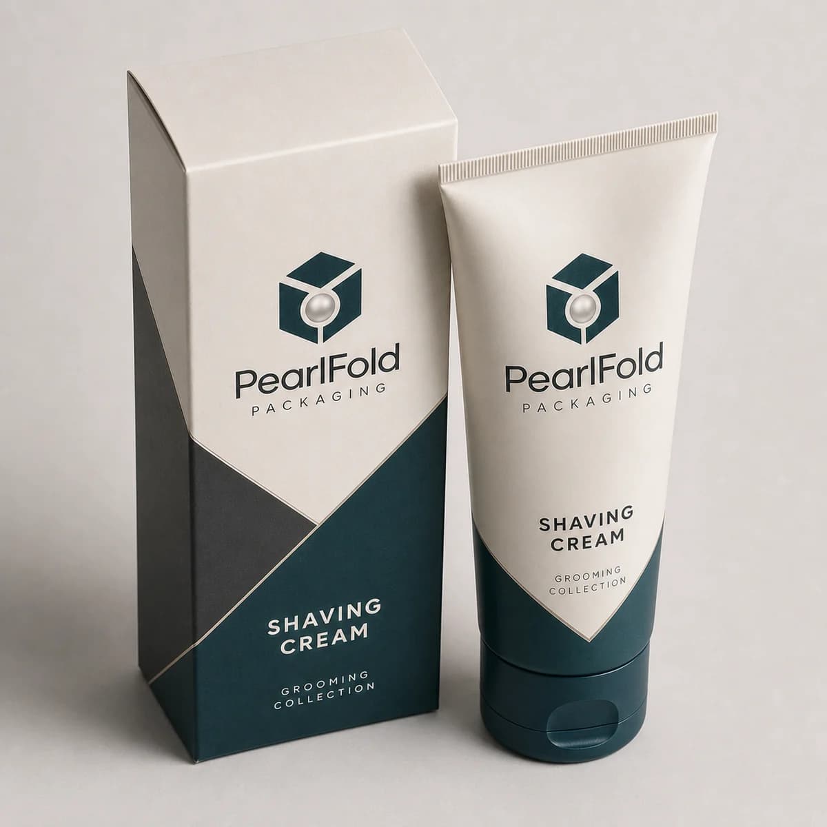 Custom shaving cream packaging shown from a three-quarter side angle