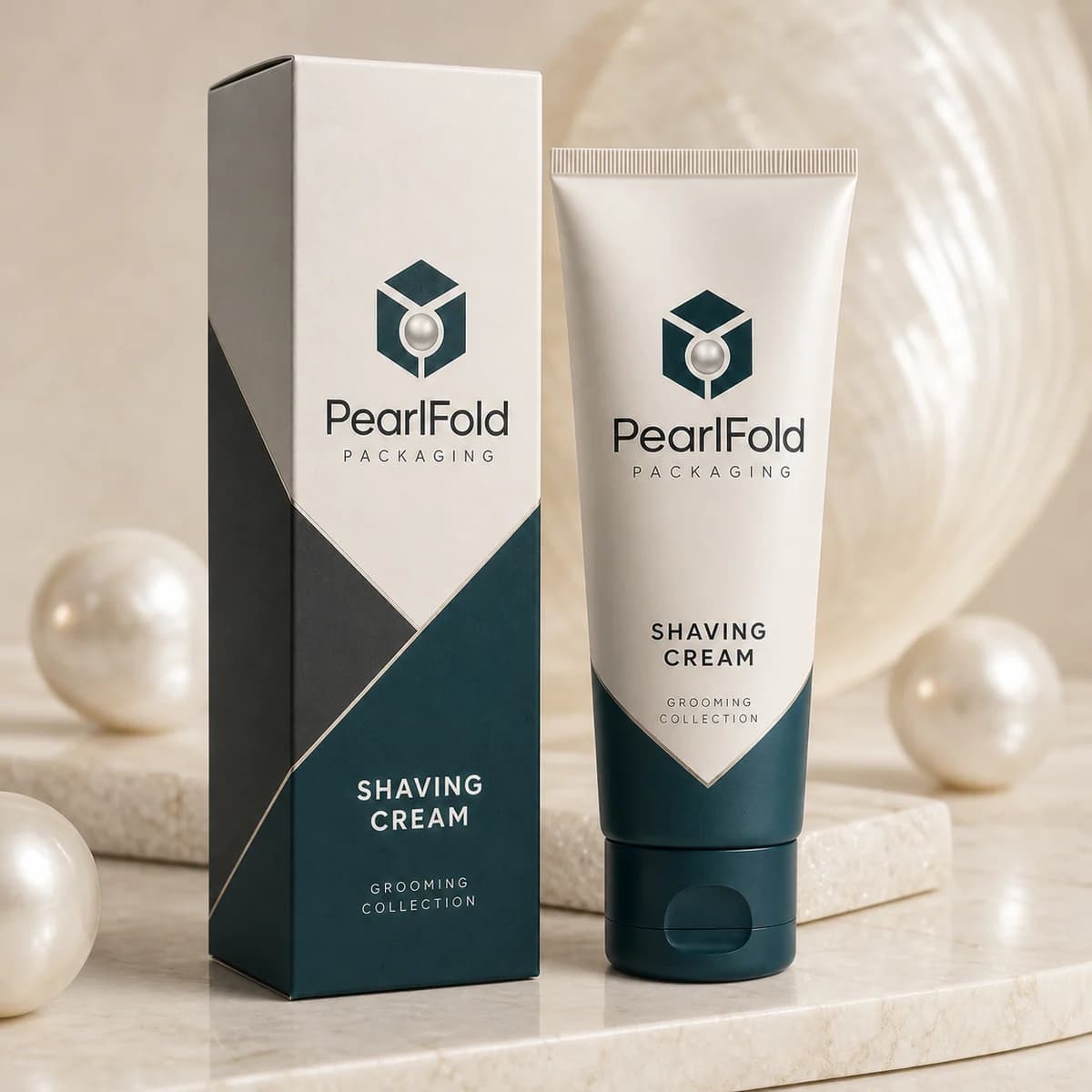 Custom shaving cream box in a premium square retail styling scene