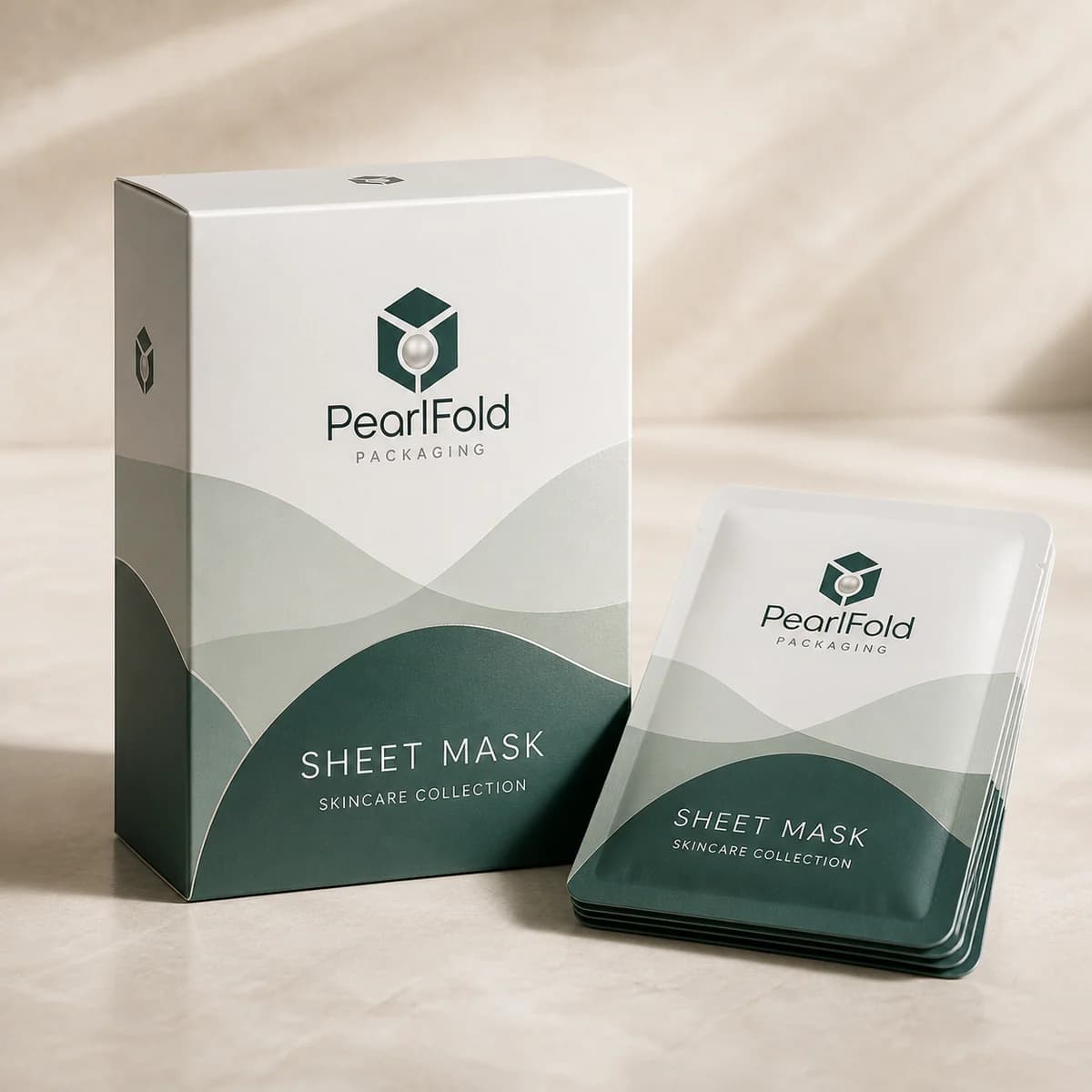Custom sheet mask box with matching product in a square studio photograph