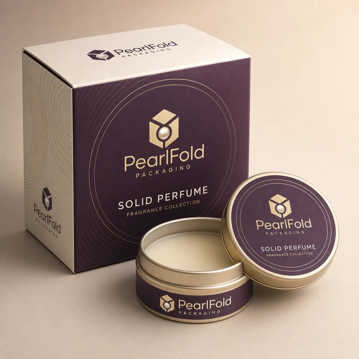 Custom solid perfume box with matching product in a square studio photograph