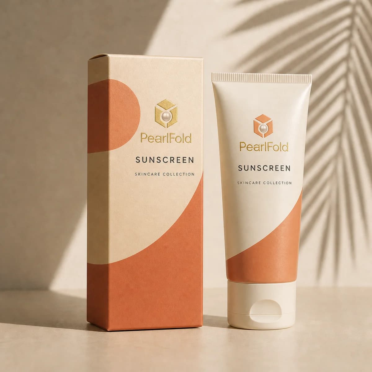 Custom sunscreen box with matching product in a square studio photograph
