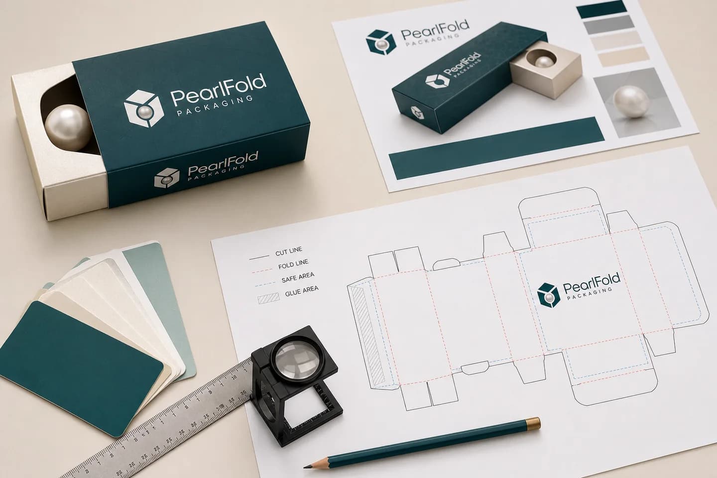 PearlFold carton artwork, packaging dieline, color swatches, ruler and prepress loupe on a design table