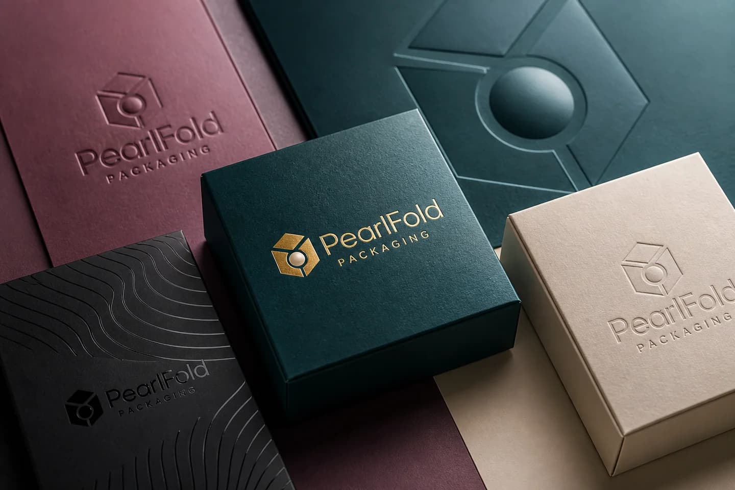 PearlFold packaging samples showing gold foil, embossing, debossing and tactile surface finishes