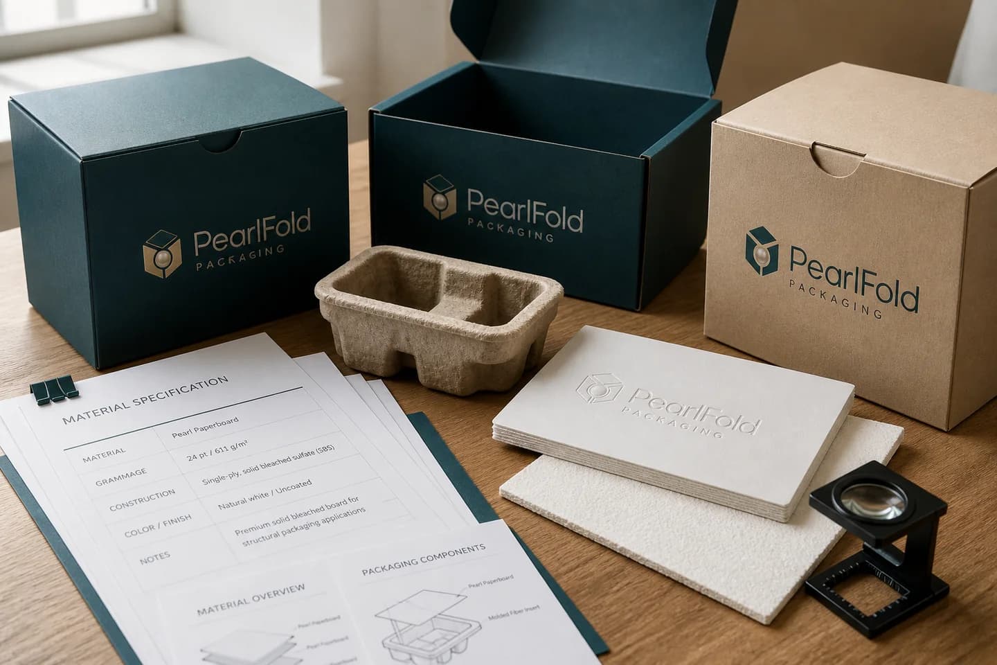 PearlFold cartons, molded fiber insert and material specification sheets prepared for evidence review