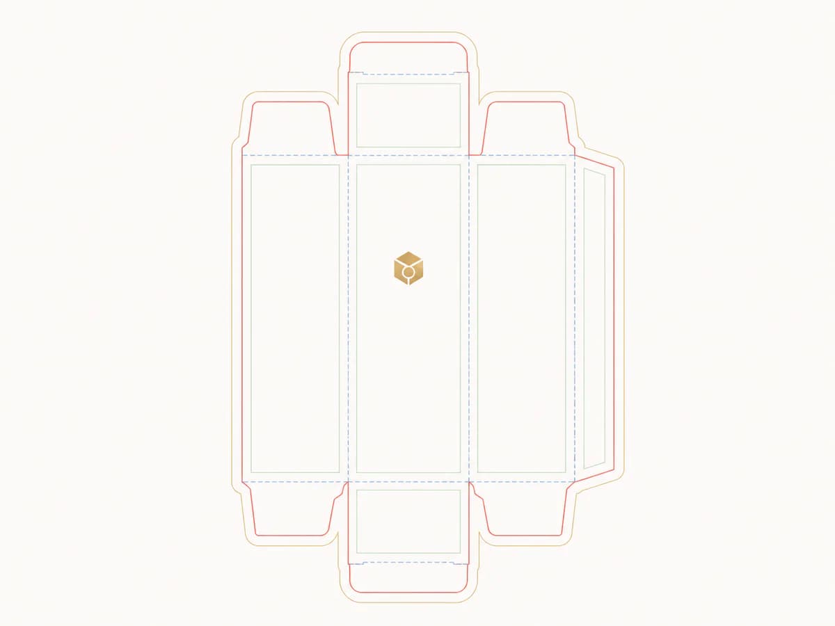 Folding carton dieline showing cut, fold, bleed and safe-area guides