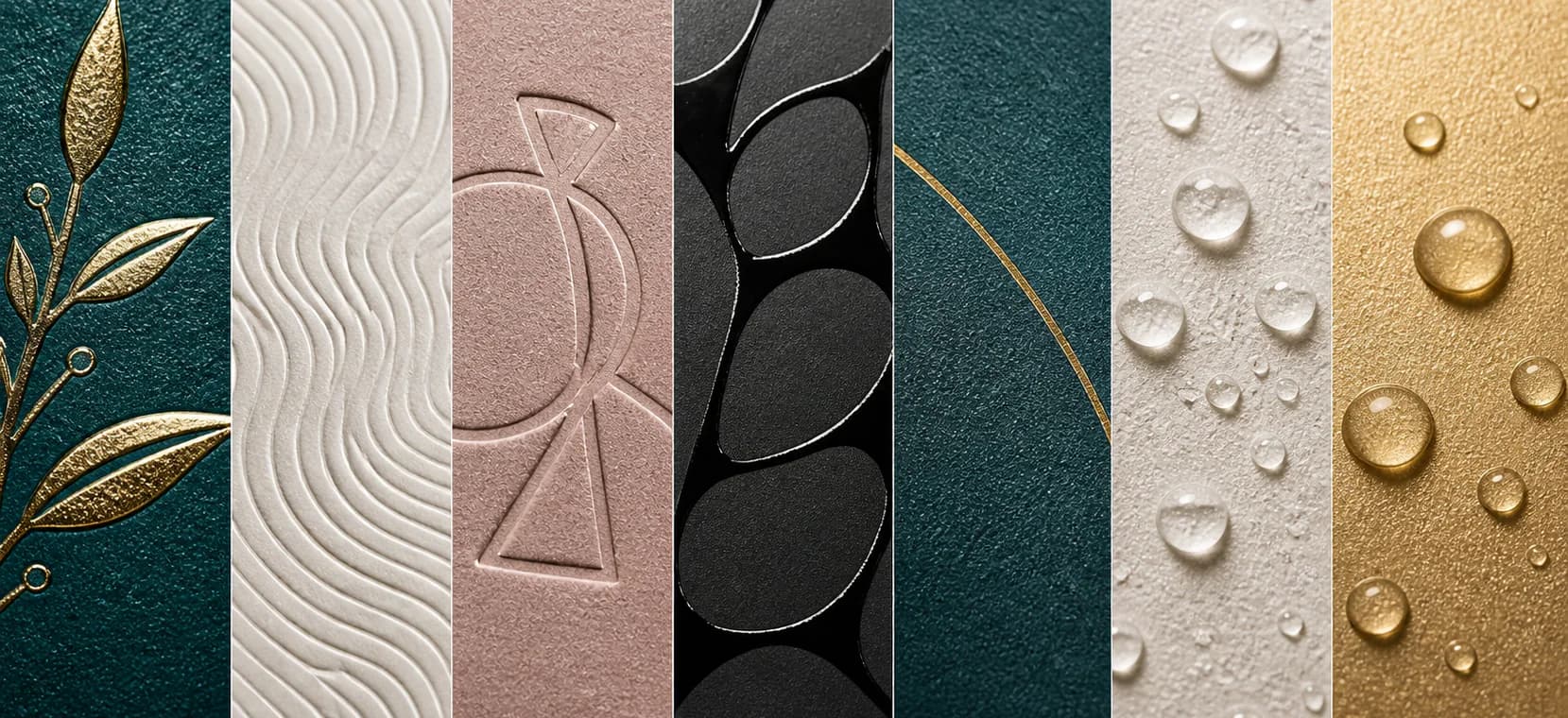 Seven macro packaging surfaces showing foil, embossing, debossing, spot gloss, matte, protective coating and pearlescent effects