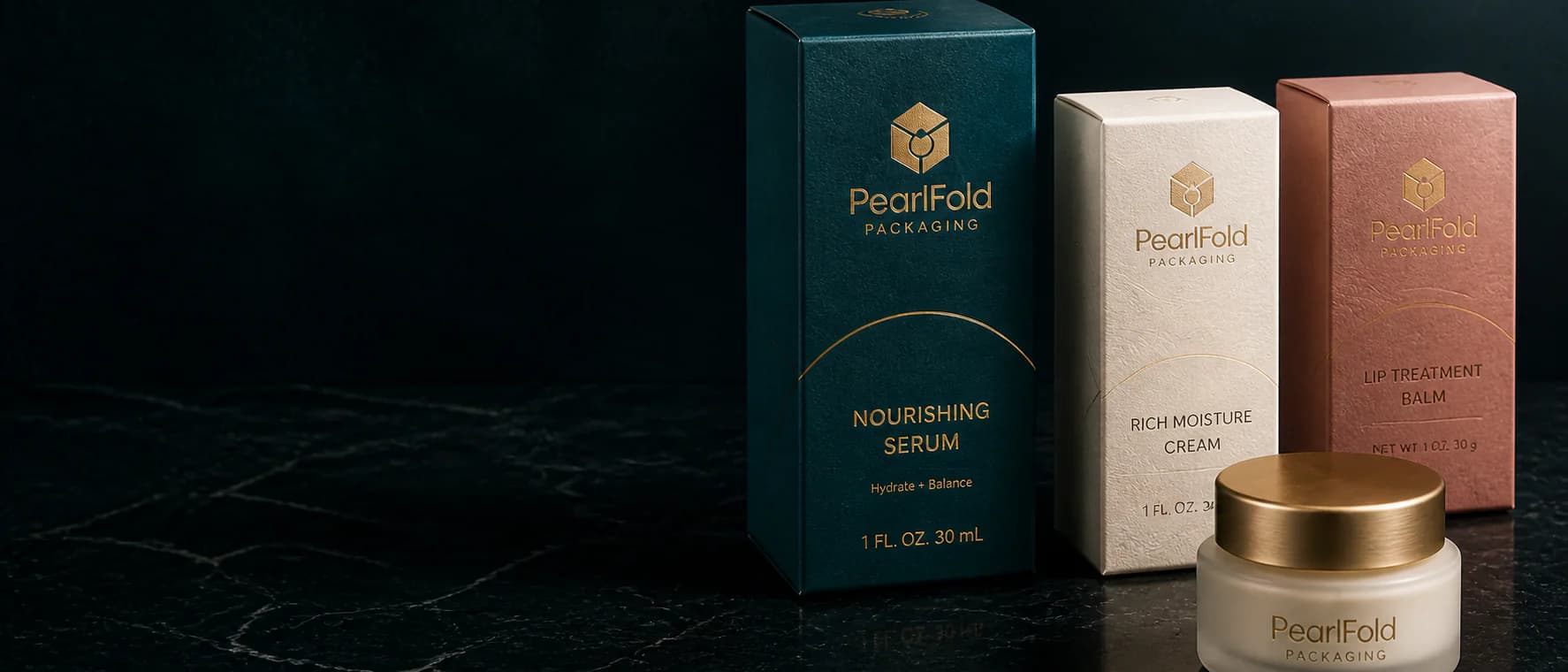 PearlFold beauty cartons and cosmetic jar displaying coordinated foil, texture and embossed finishes