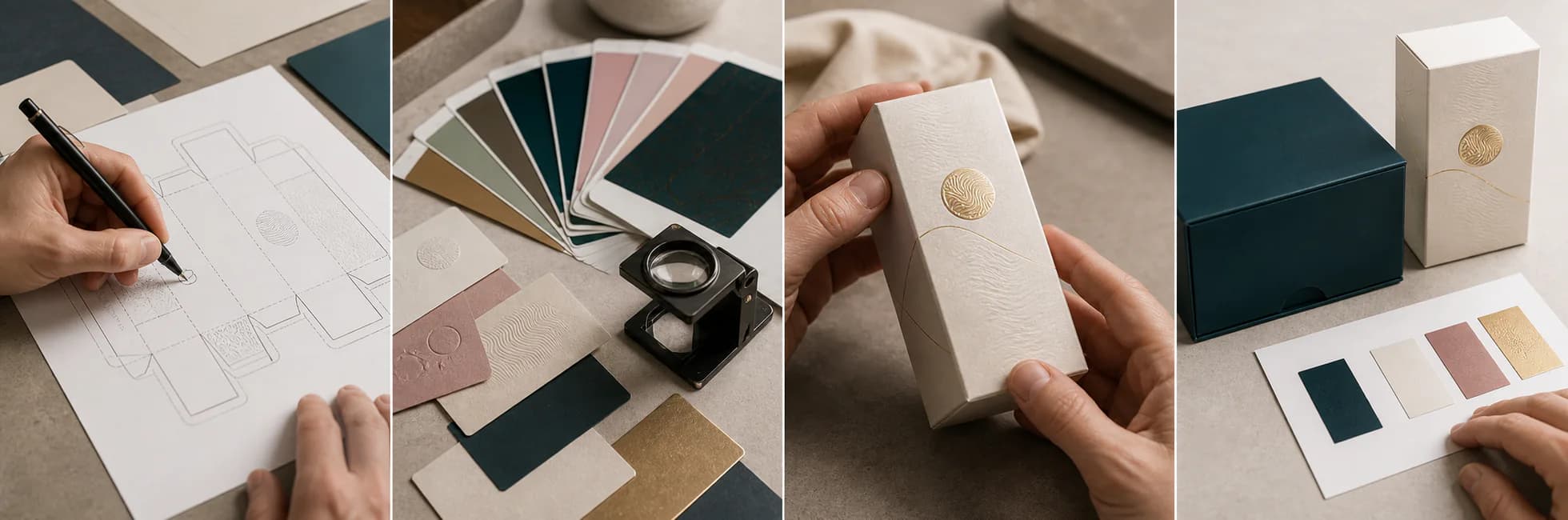 Four-stage print and finish workflow showing artwork definition, material testing, carton review and approved samples