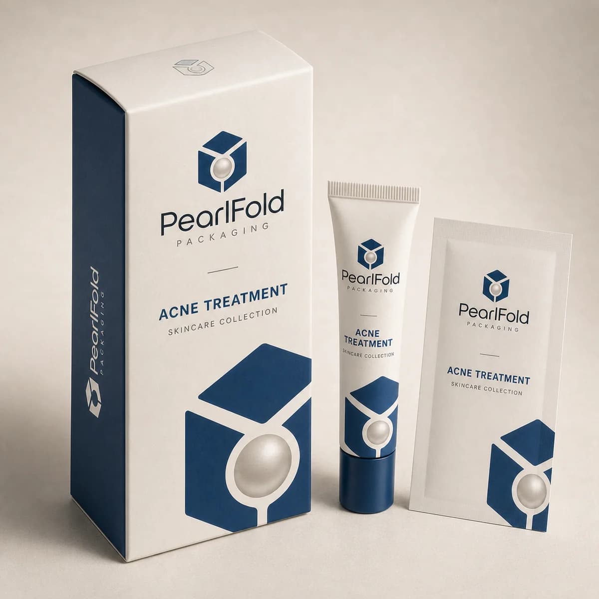 Custom acne treatment packaging shown from a three-quarter side angle