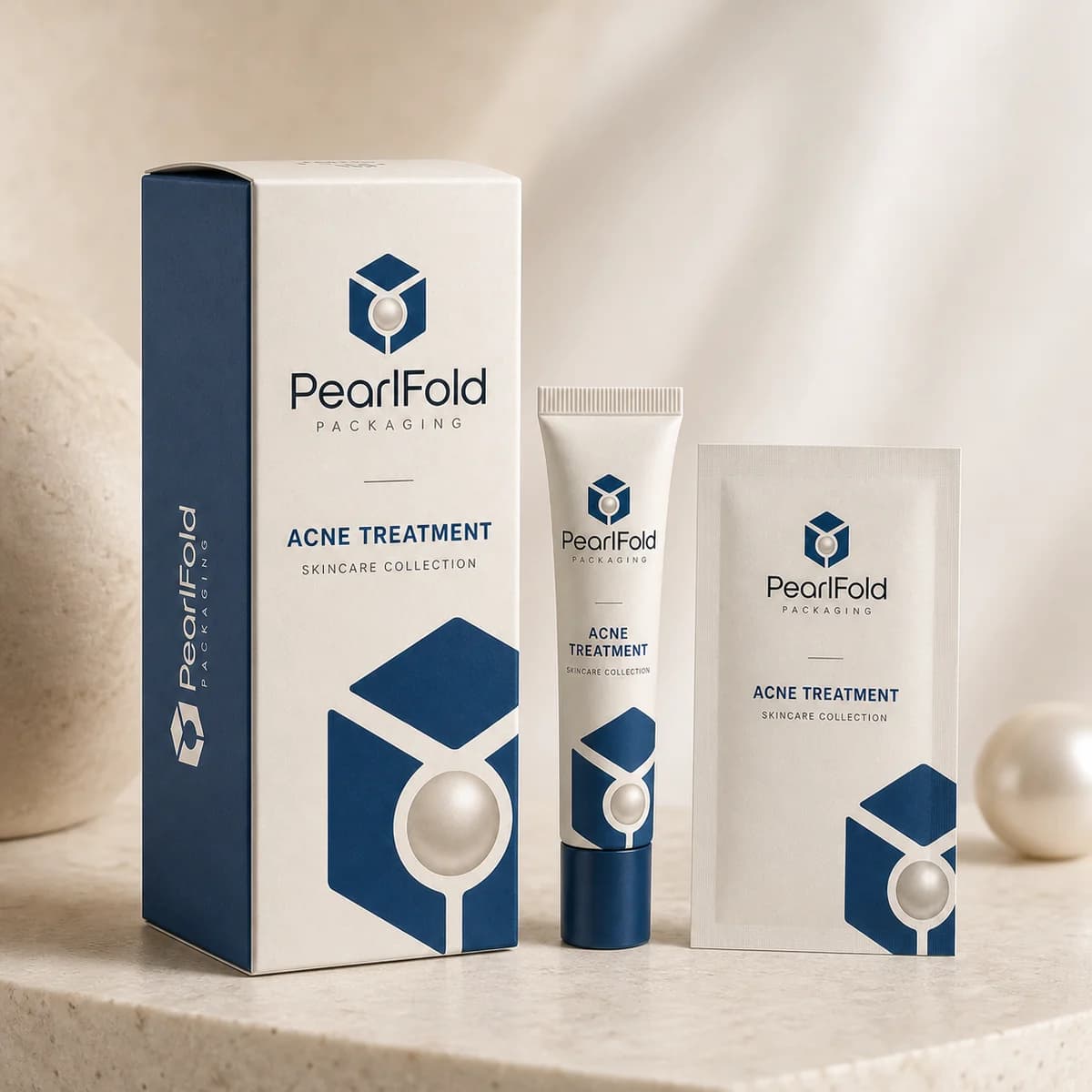 Custom acne treatment box in a premium square retail styling scene