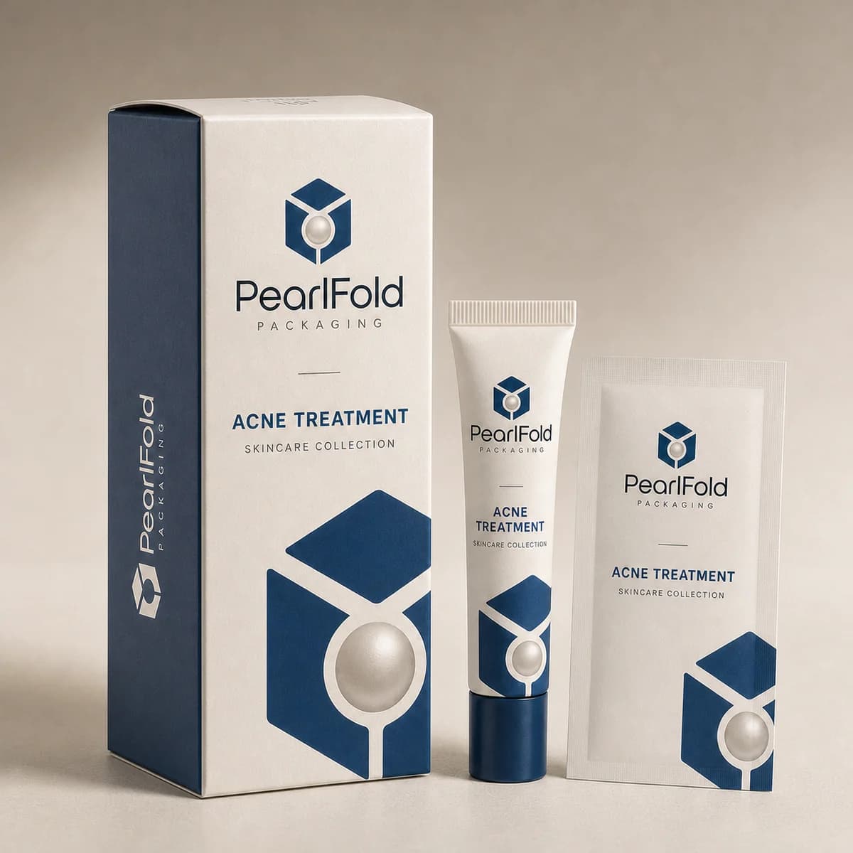 Close-up of custom acne treatment box paper texture, print detail, and corner construction