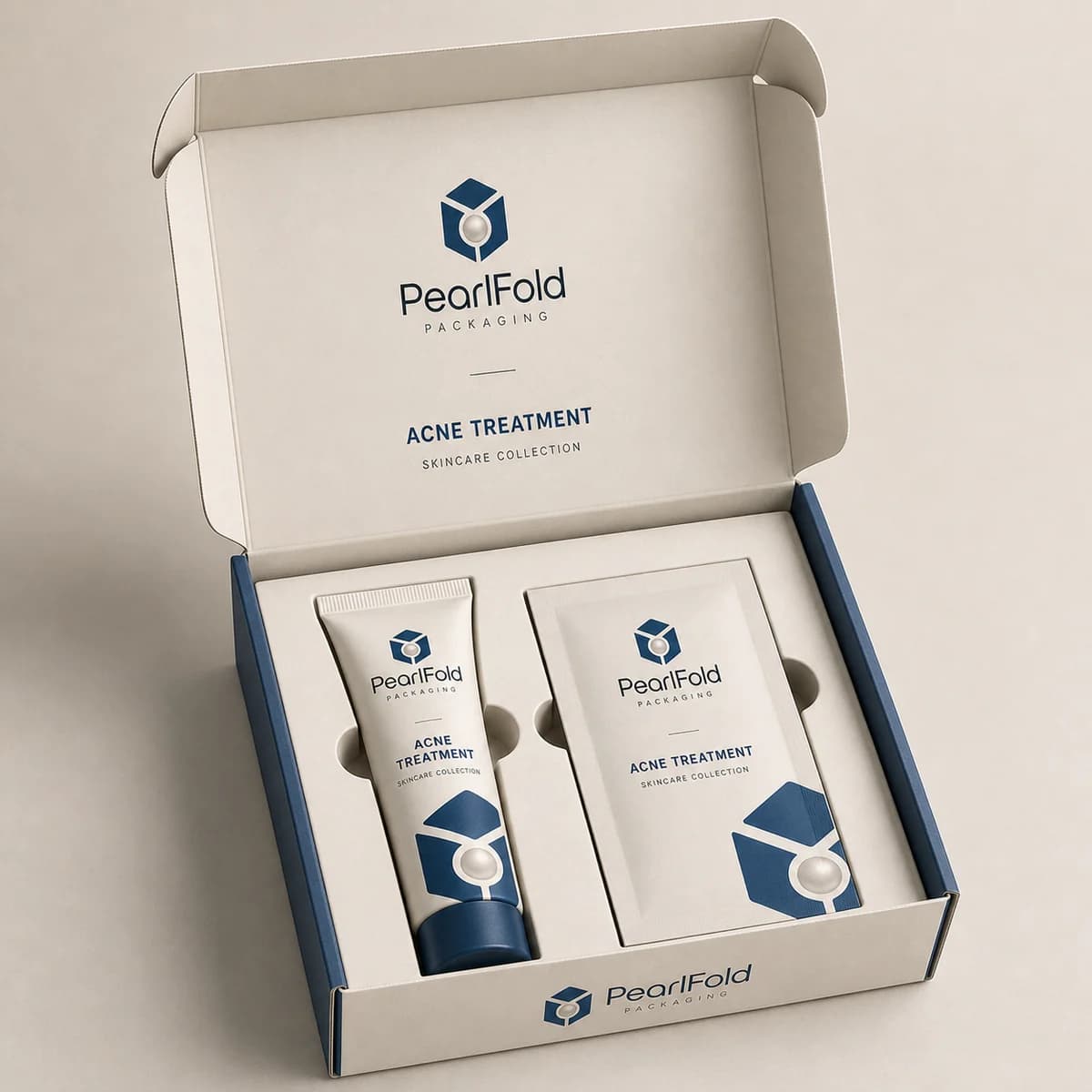 Open custom acne treatment box showing its fitted insert and product presentation