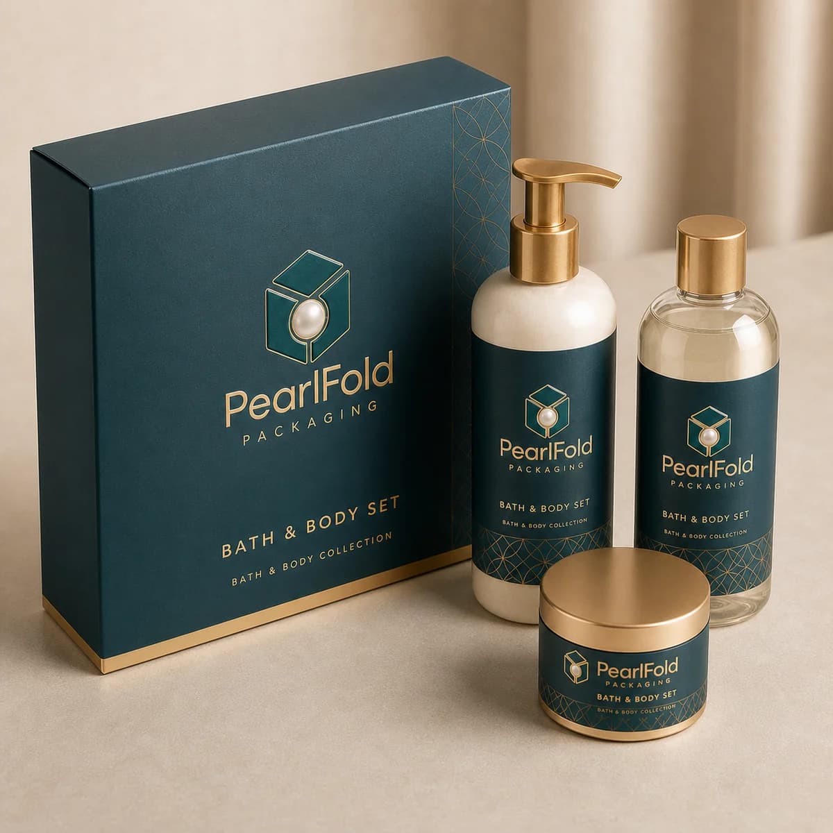 Custom bath & body gift set packaging shown from a three-quarter side angle