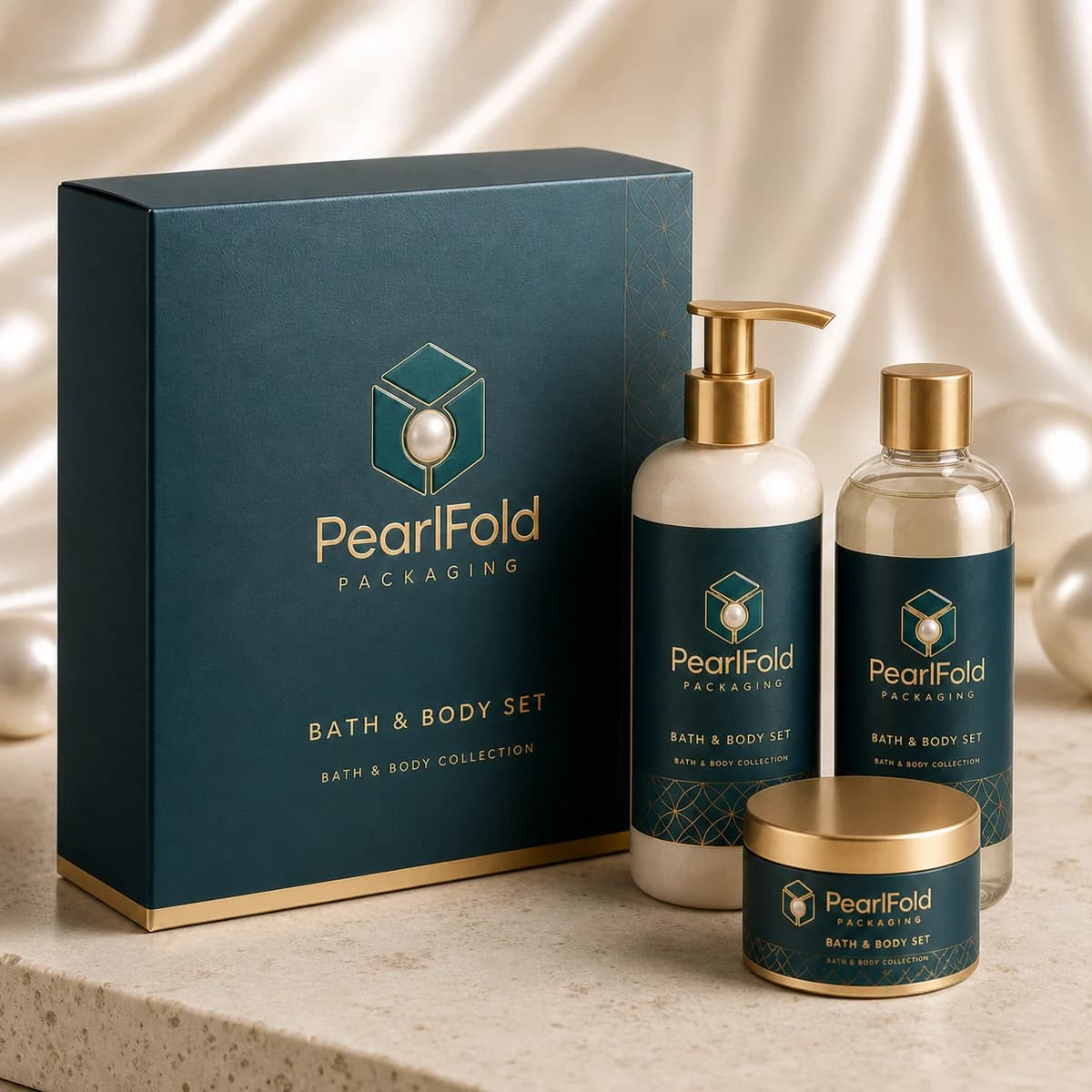 Custom bath & body gift set box in a premium square retail styling scene