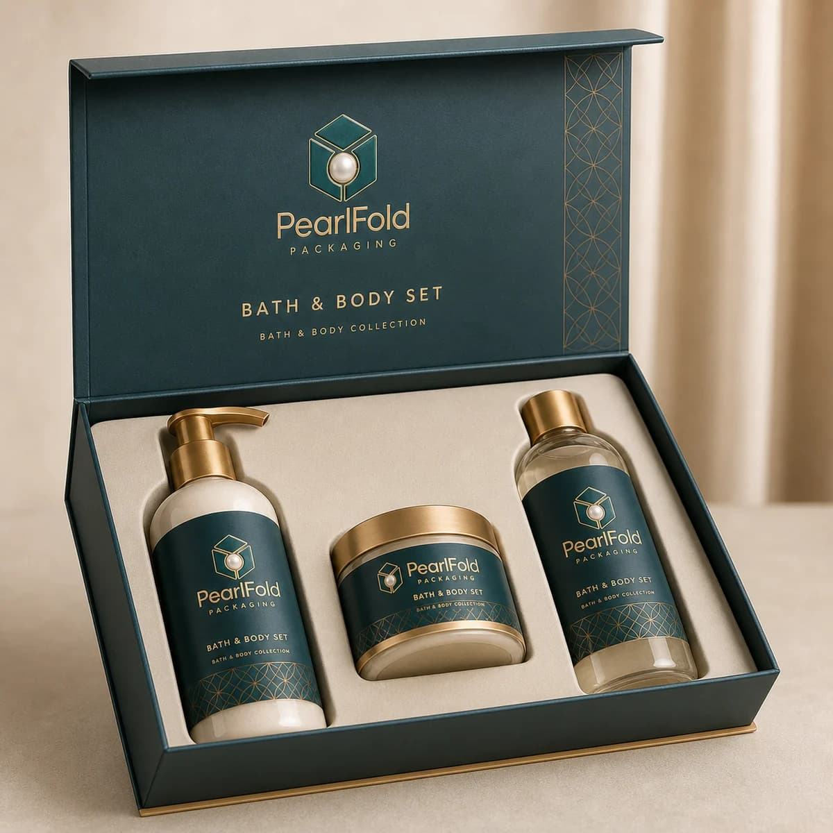 Open custom bath & body gift set box showing its fitted insert and product presentation