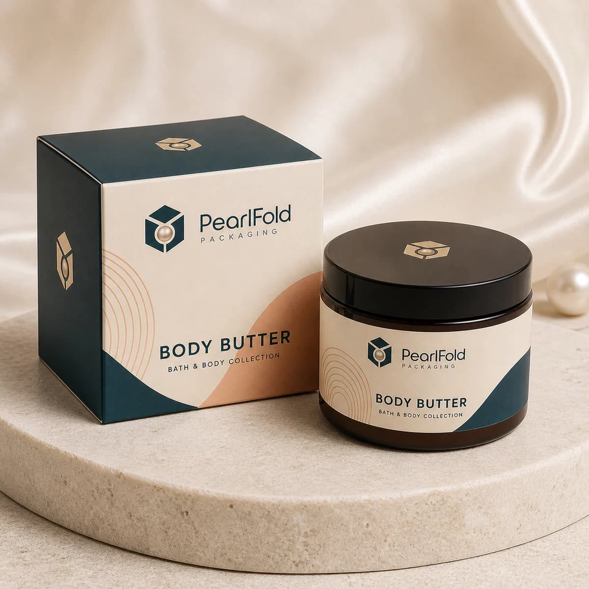 Custom body butter box in a premium square retail styling scene