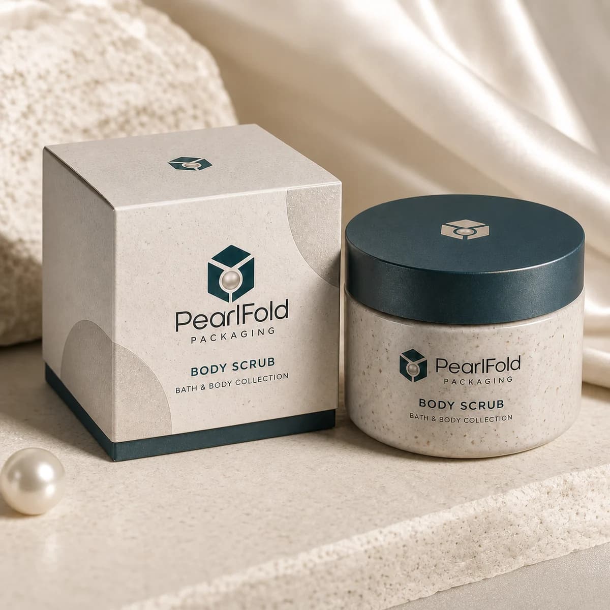 Custom body scrub box in a premium square retail styling scene