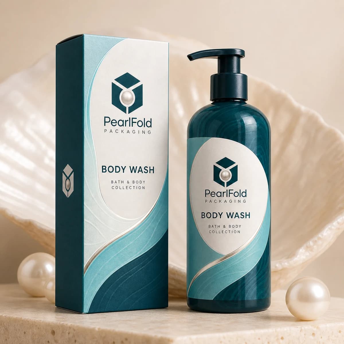 Custom body wash & shower gel box in a premium square retail styling scene