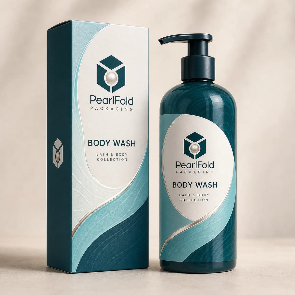 Custom body wash & shower gel box with matching product in a square studio photograph
