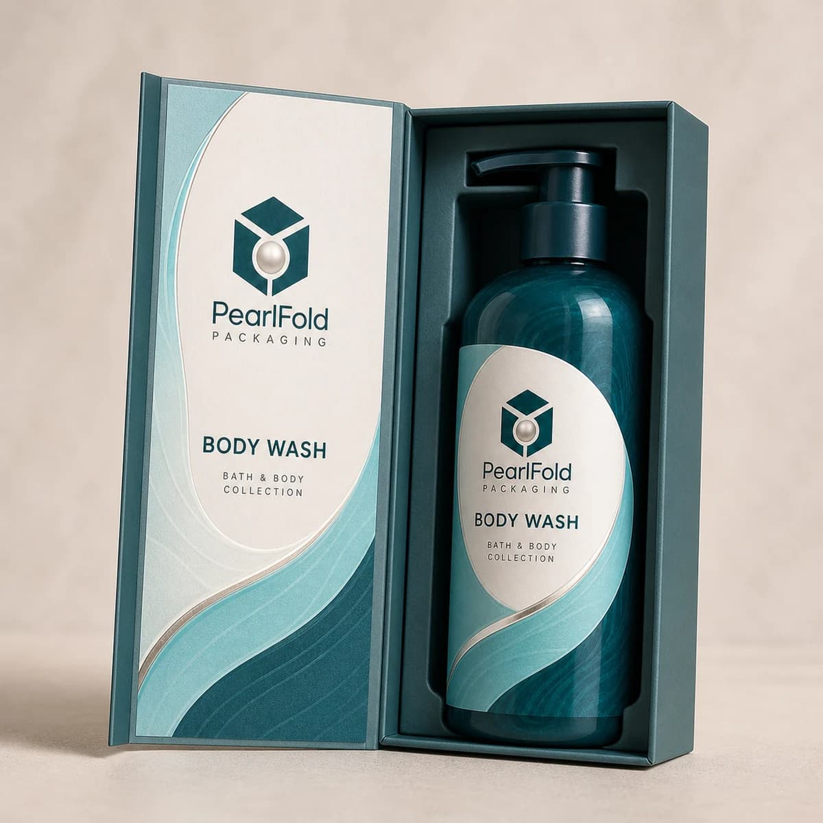 Open custom body wash & shower gel box showing its fitted insert and product presentation