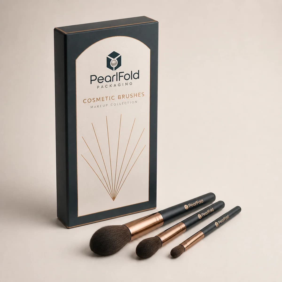 Custom cosmetic brush box with matching product in a square studio photograph