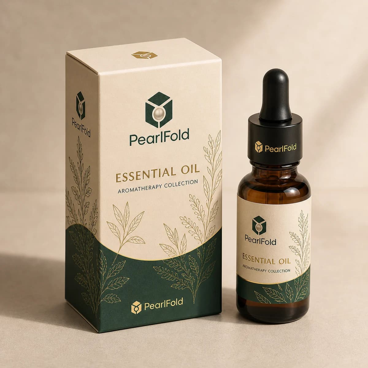Custom essential oil packaging shown from a three-quarter side angle