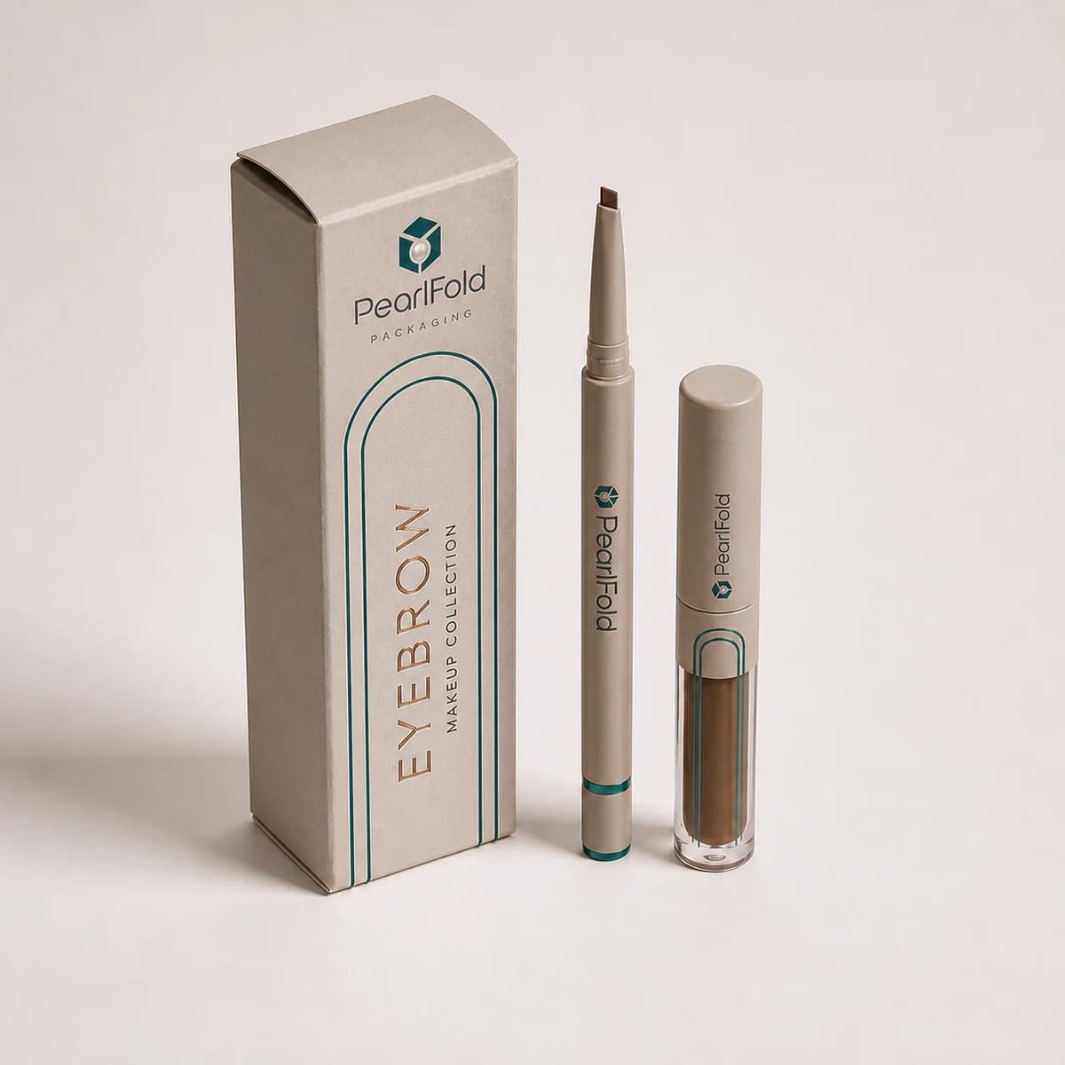 Custom eyebrow product packaging shown from a three-quarter side angle
