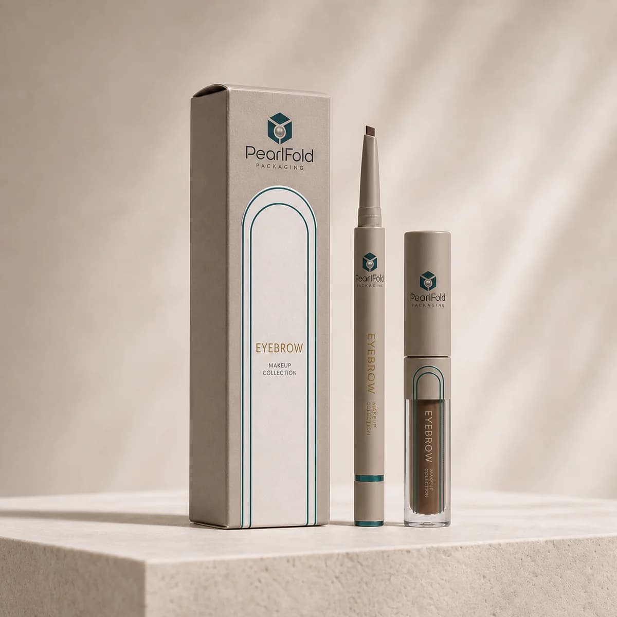 Custom eyebrow product box in a premium square retail styling scene