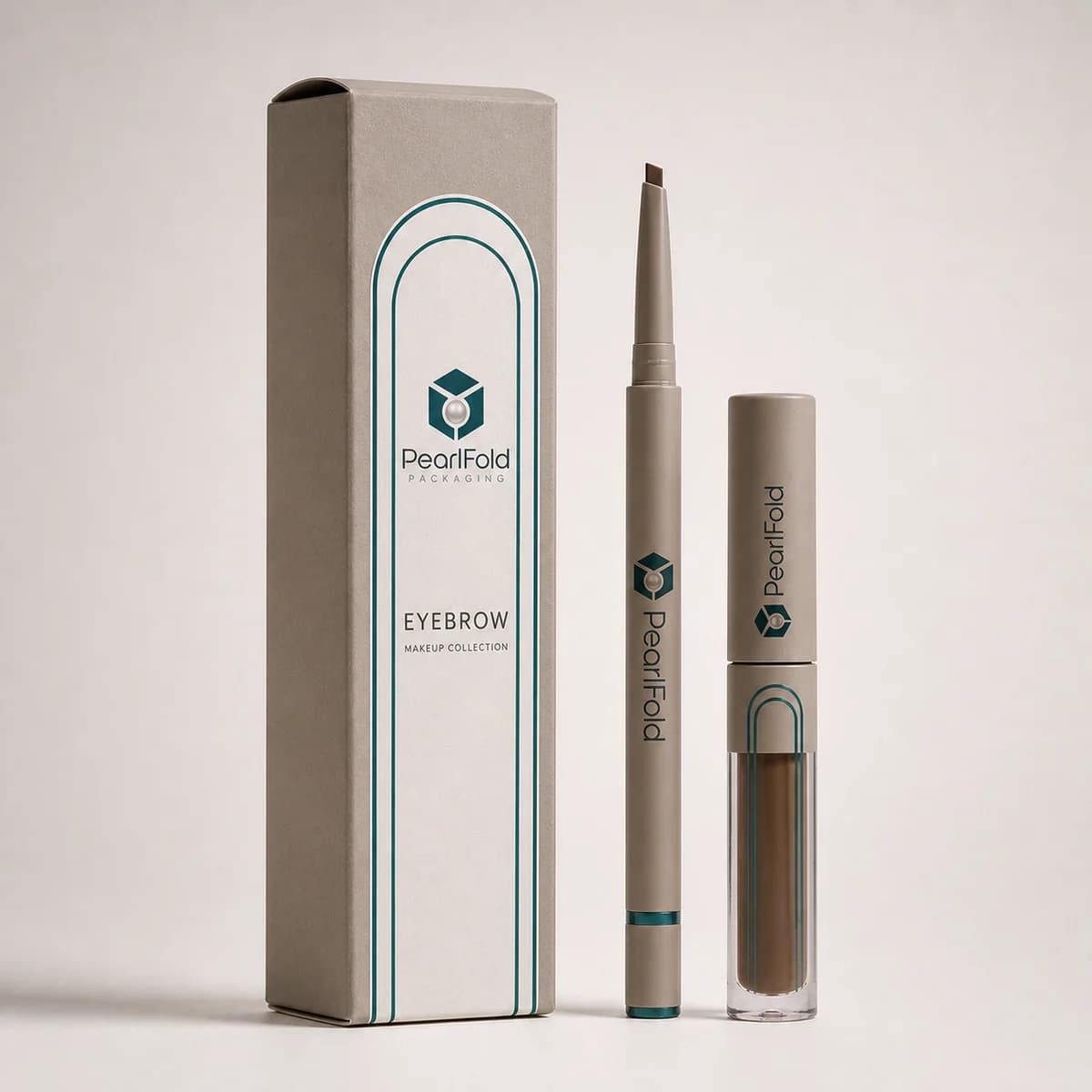 Custom eyebrow product box with matching product in a square studio photograph