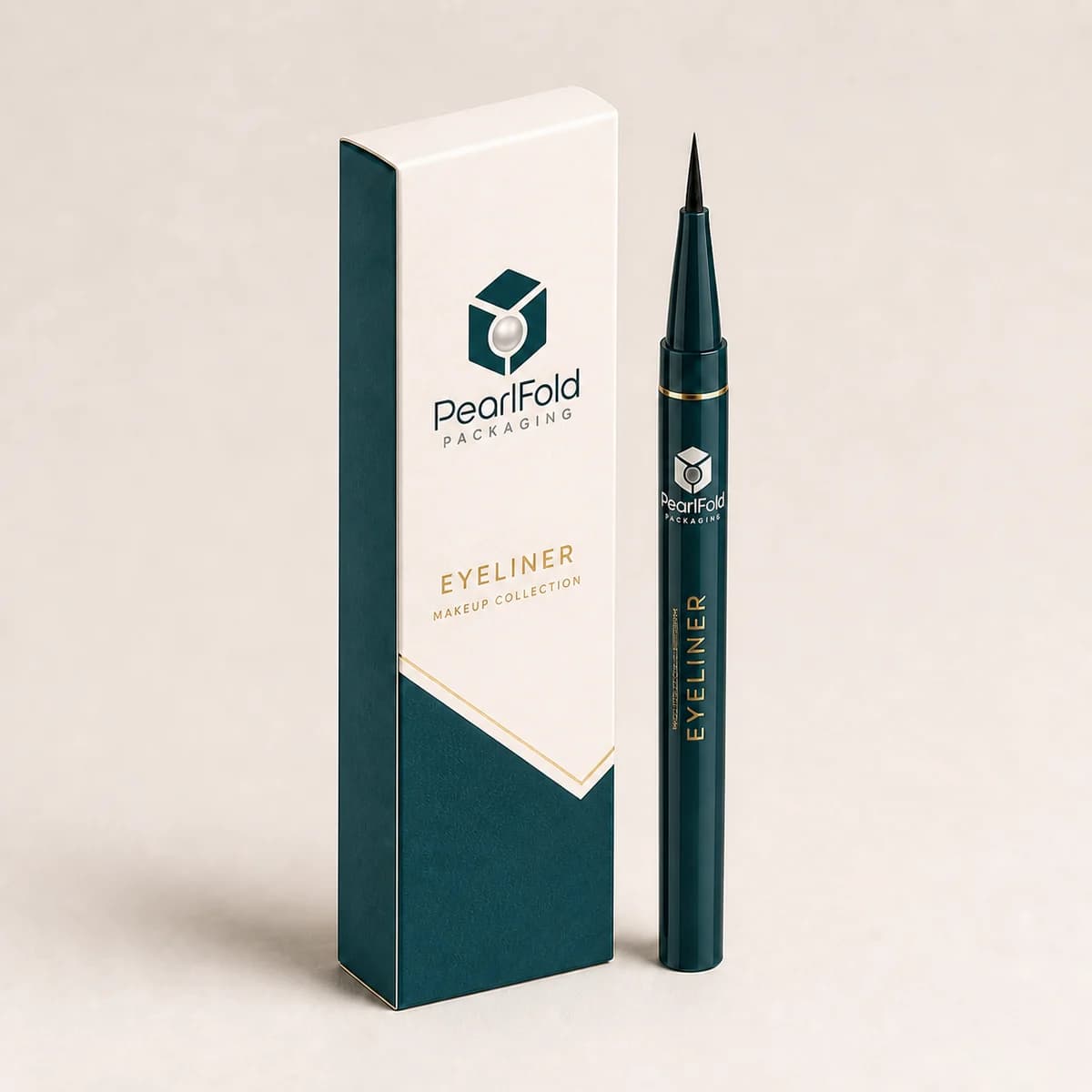 Custom eyeliner packaging shown from a three-quarter side angle