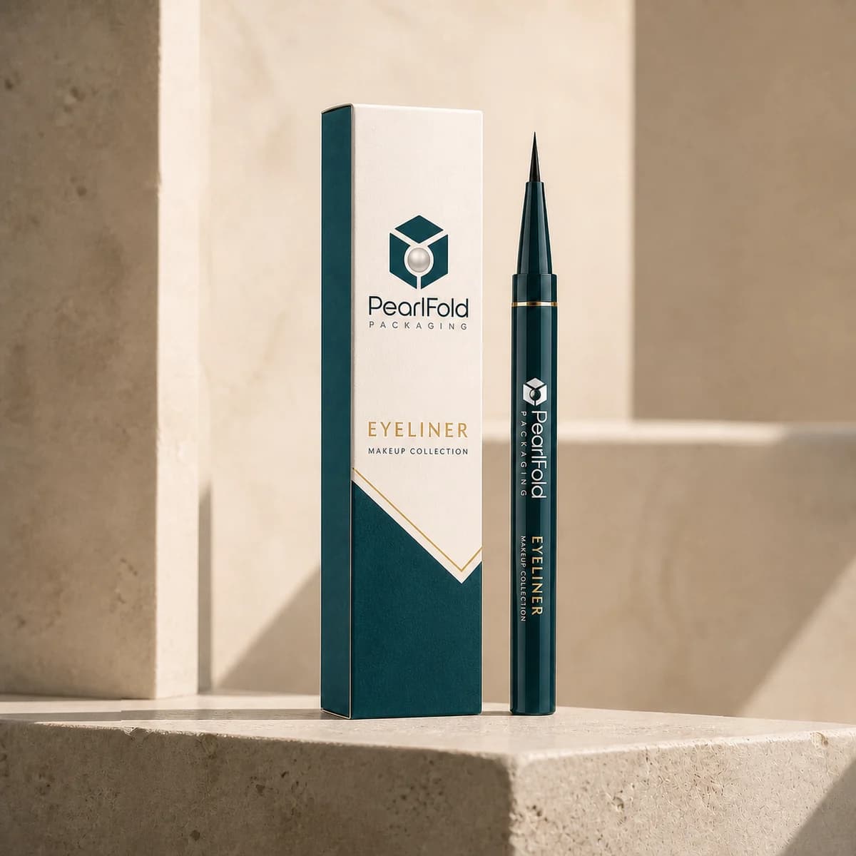Custom eyeliner box in a premium square retail styling scene