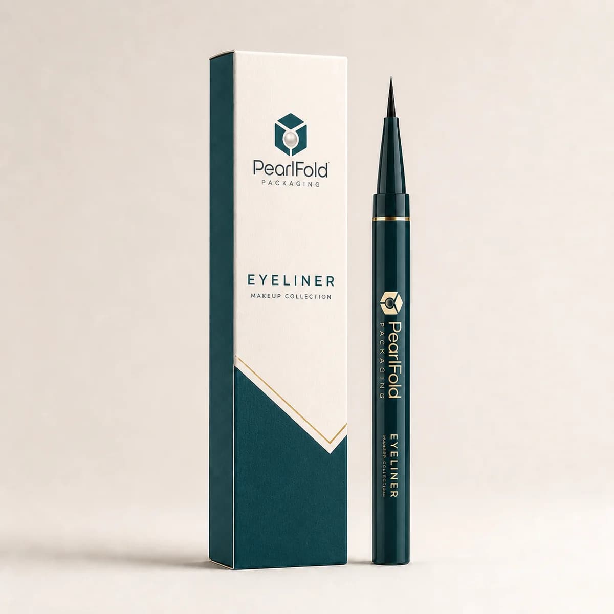 Custom eyeliner box with matching product in a square studio photograph