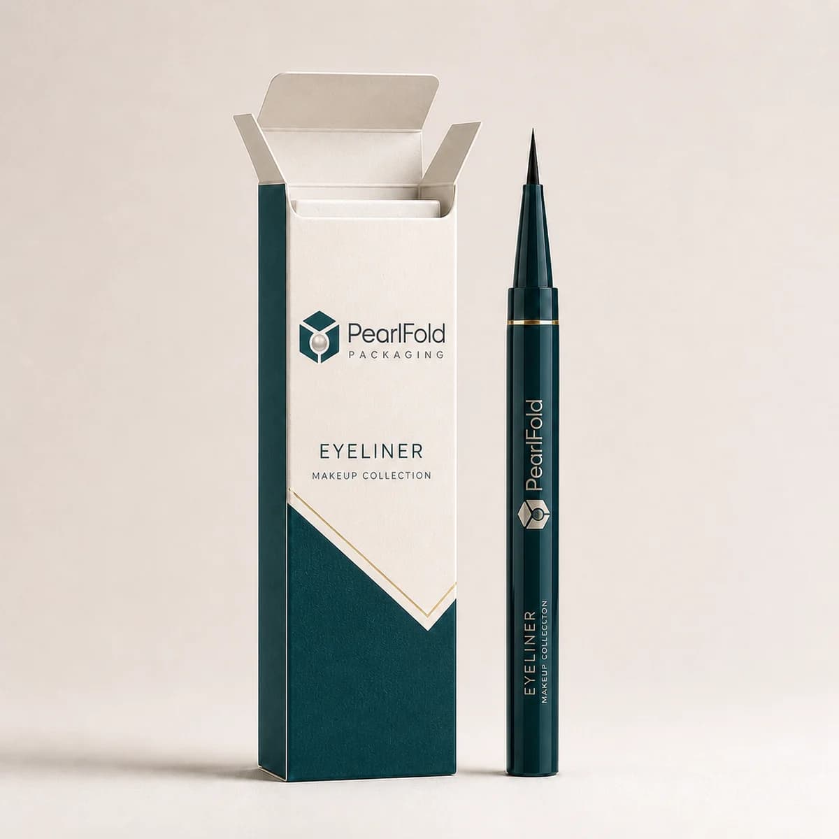Open custom eyeliner box showing its fitted insert and product presentation