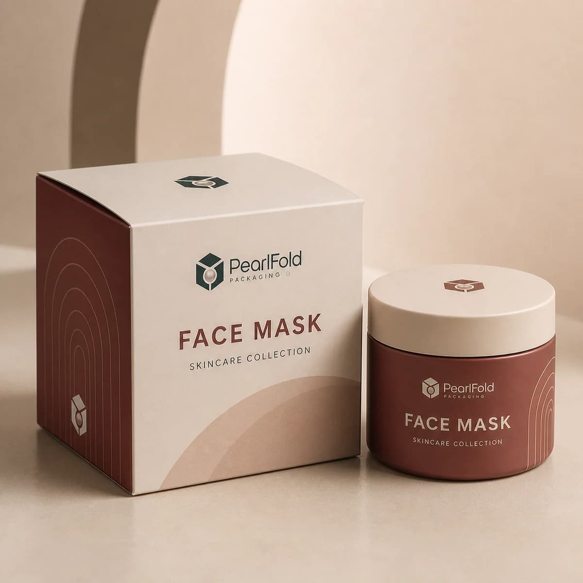 Custom face mask packaging shown from a three-quarter side angle