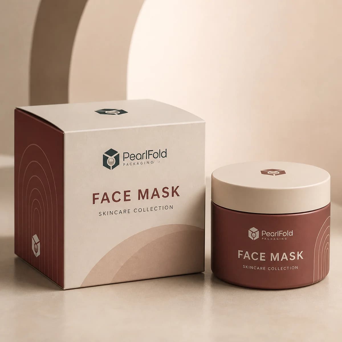 Custom face mask box with matching product in a square studio photograph